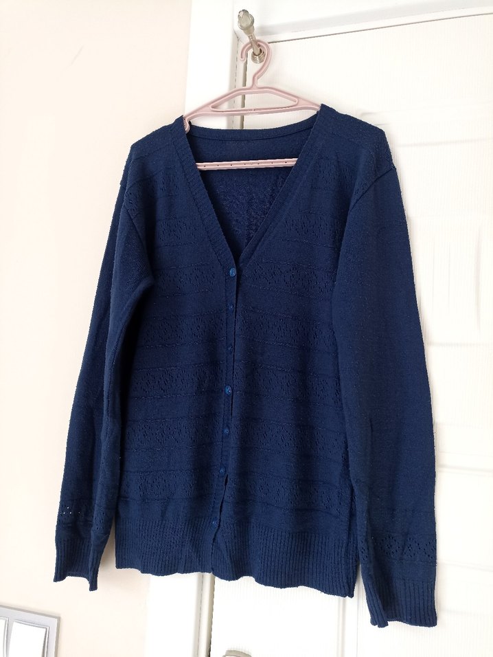 Mavi V Yaka Örgü Kadın Hırka - Görsel 3