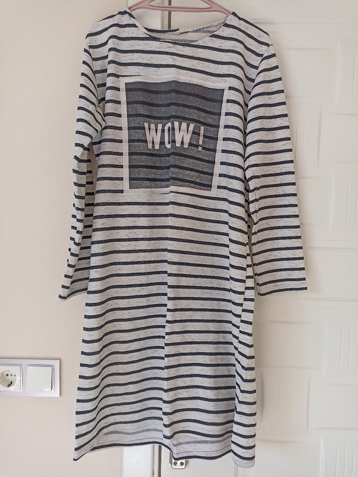 Gri Çizgili Uzun Kollu Triko Elbise - Görsel 2