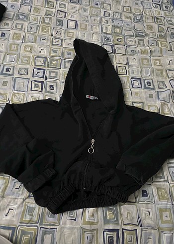 s Beden Siyah Kapüşonlu Fermuarlı Mini Sweatshirt