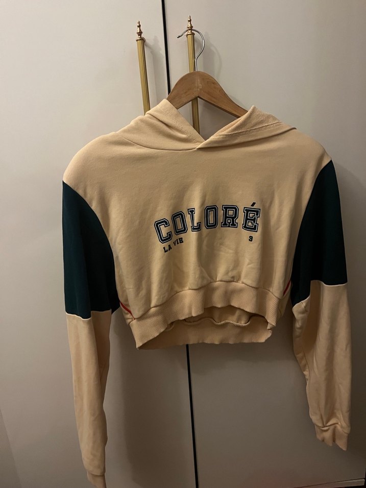 Bej Kısa Kesim Kapüşonlu Sweatshirt - Görsel 3