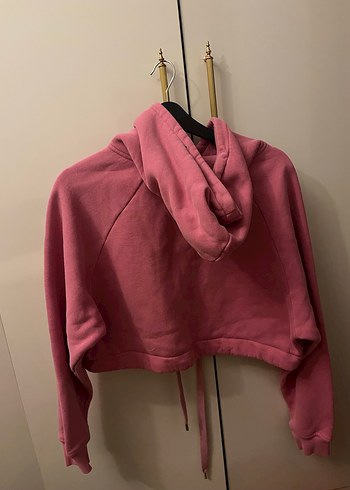 Pembe Kapüşonlu Crop Sweat - Görsel 3