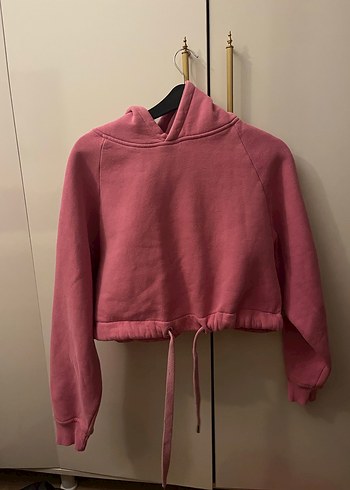 Pembe Kapüşonlu Crop Sweat - Görsel 2