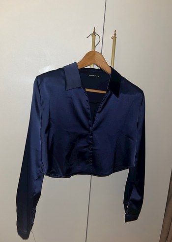 Lacivert Saten Kadın Gömlek - Görsel 2