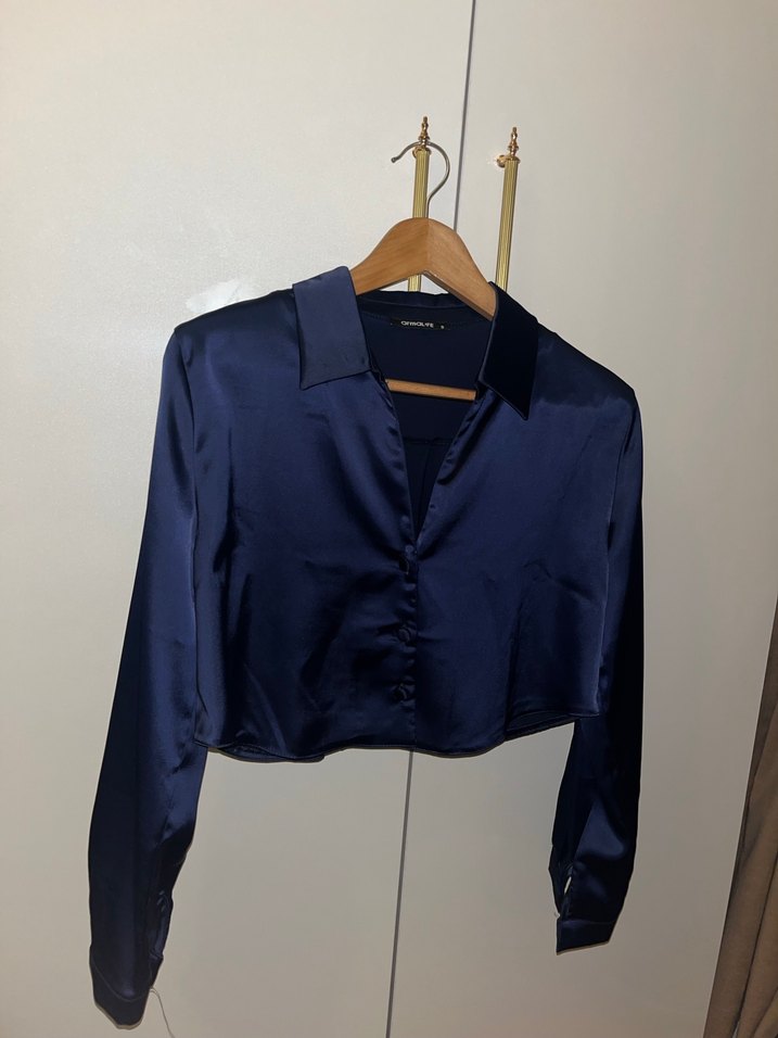 Lacivert Saten Kadın Gömlek - Görsel 2