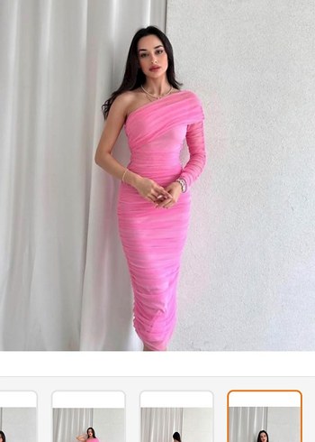 Pembe Drapeli Uzun Straplez Elbise