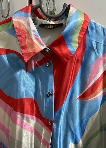 Renkli Drapeli Uzun Kollu satenKadın Gömlek - Görsel 3