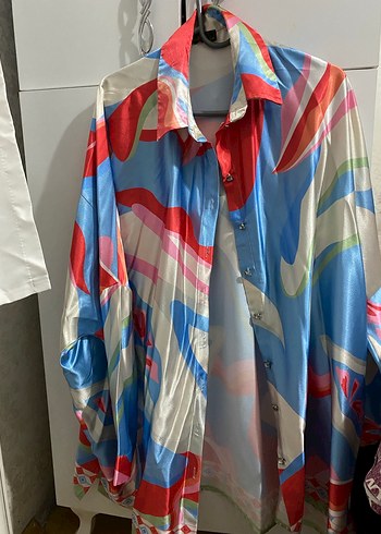 Renkli Drapeli Uzun Kollu satenKadın Gömlek - Görsel 2