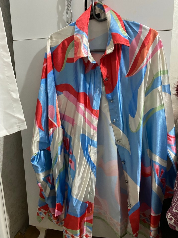 Renkli Drapeli Uzun Kollu satenKadın Gömlek - Görsel 2