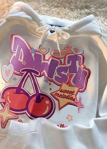 Cartoon Cherry Beyaz Kalın kumaş Kapşonlu sweatshirt 