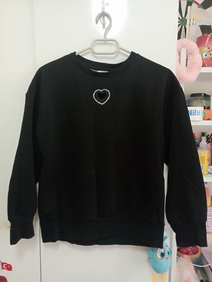 Siyah kız çocuk Kalp Baskılı taşlı  Sweatshirt - Görsel 2