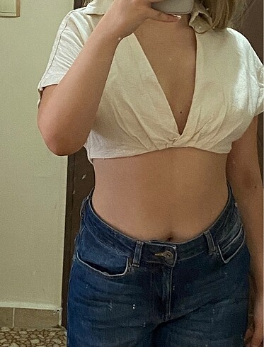 Crop keten gömlek
