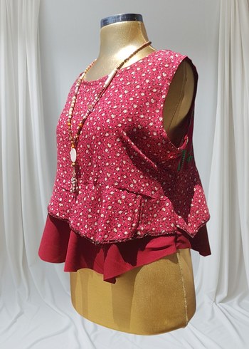 Bordo Renkli Bohem Desenli Fırfırlı Bluz