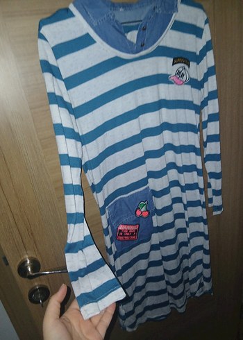 Mavi Çizgili Hamile Elbisesi, Uzun Kollu, Rahat Kesim - Görsel 2