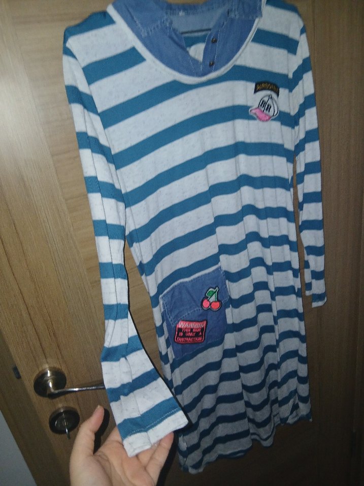 Mavi Çizgili Hamile Elbisesi, Uzun Kollu, Rahat Kesim - Görsel 2