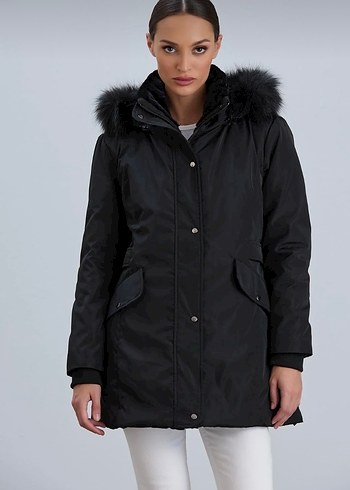 Kürk Detaylı Siyah Kadın Mont(kullanılmadı) - Görsel 5