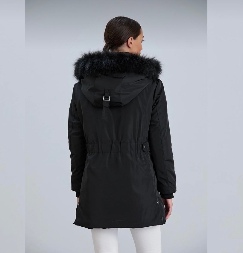 Kürk Detaylı Siyah Kadın Mont(kullanılmadı) - Görsel 3