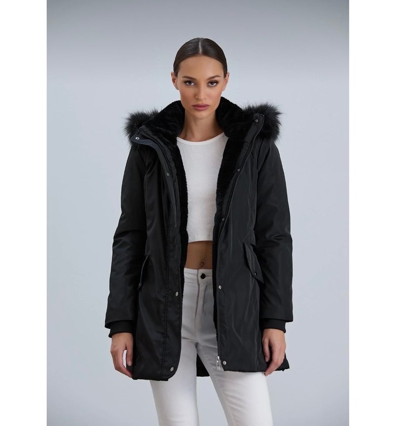 Kürk Detaylı Siyah Kadın Mont(kullanılmadı) - Görsel 4