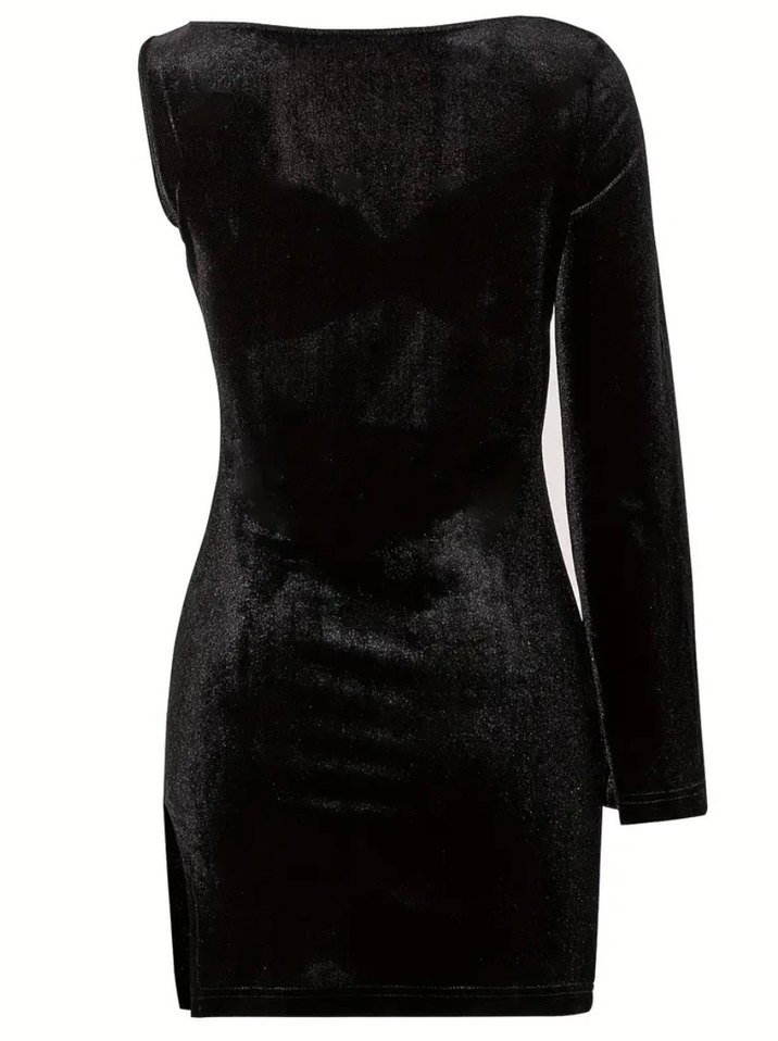 Siyah mini toka detaylı tek kol elbise - Görsel 3