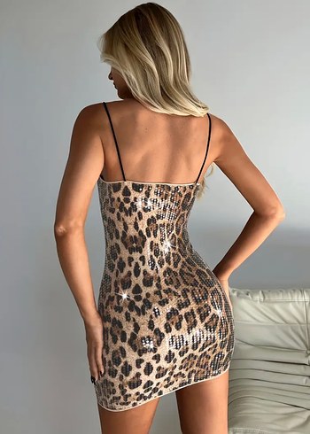 Leopar Desenli Parlak Mini Elbise - Görsel 5