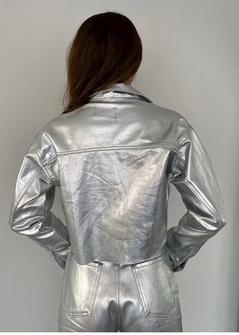 Metalik parlak baskılı silver gold denim ceket. - Görsel 4