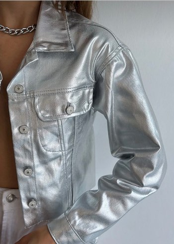 Metalik parlak baskılı silver gold denim ceket. - Görsel 6