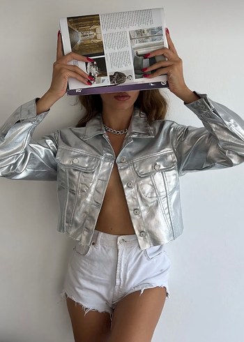 Metalik parlak baskılı silver gold denim ceket. - Görsel 3