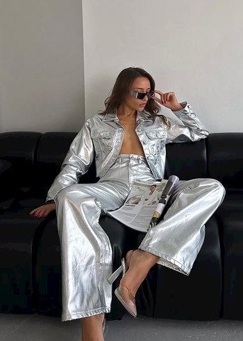 Metalik parlak baskılı silver gold denim ceket.