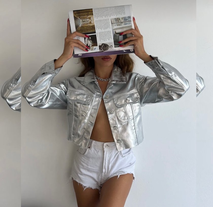 Metalik parlak baskılı silver gold denim ceket. - Görsel 3