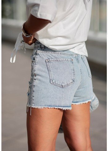 s Beden mavi Renk Tasarım zincirli Mini Denim Şort