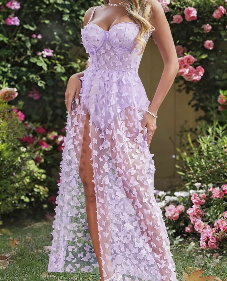 Mor Dantel Detaylı Uzun tasarım  Elbise Likralı - Görsel 4