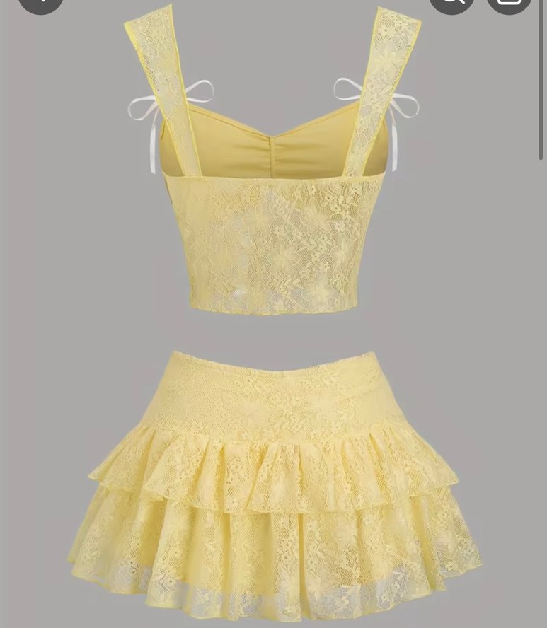 Sarı Dantelli Mini şort etek Bustiyer Takım - Görsel 3