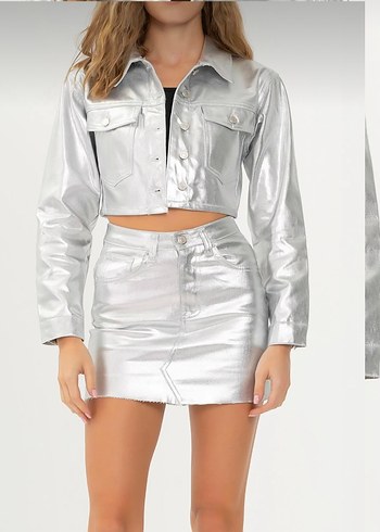 Silver Gri renk özel kaplamalı denim  Etek - Görsel 3