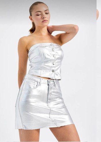 Silver Gri renk özel kaplamalı denim  Etek - Görsel 4