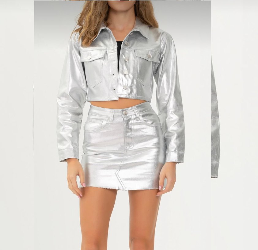 Silver Gri renk özel kaplamalı denim  Etek - Görsel 3