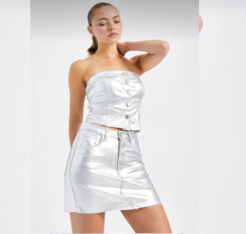 Silver Gri renk özel kaplamalı denim  Etek - Görsel 4