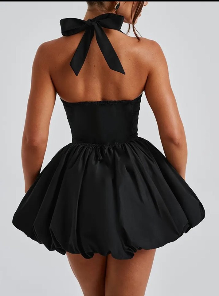 Siyah  boyun bağlamalı balon etek Elbise - Görsel 2