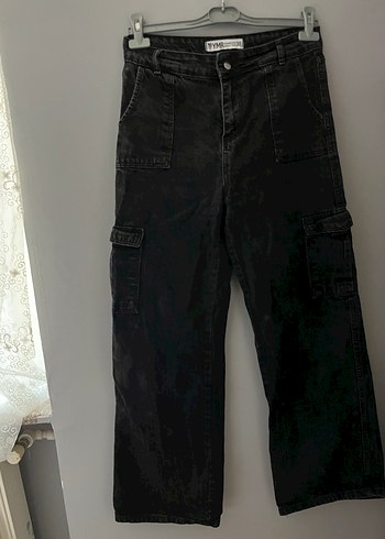 Siyah Bol Kesim Midi Kot Pantolon - Görsel 2