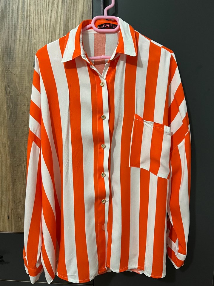 Turuncu Çizgili Kadın Gömlek - Görsel 2