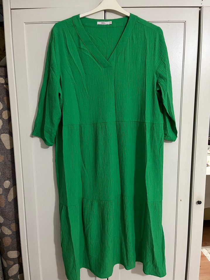 Yeşil Midi Keten V Yaka Elbise - Görsel 2