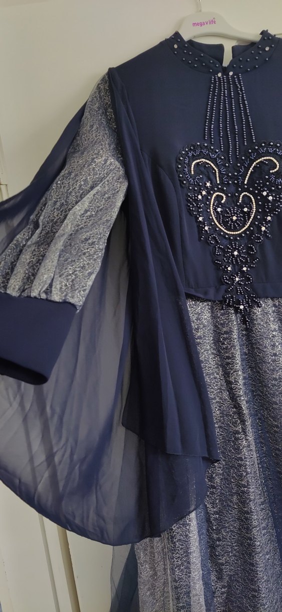 Uzun Lacivert Drapeli Gotik Kadın Abiye - Görsel 2