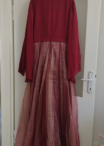 Bordo Uzun Kollu İşlemeli Kadın Abiye Elbise - Görsel 3