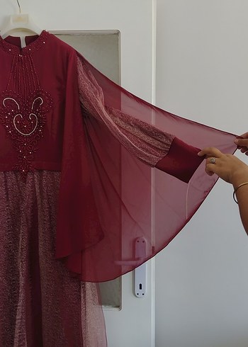 Bordo Uzun Kollu İşlemeli Kadın Abiye Elbise - Görsel 2