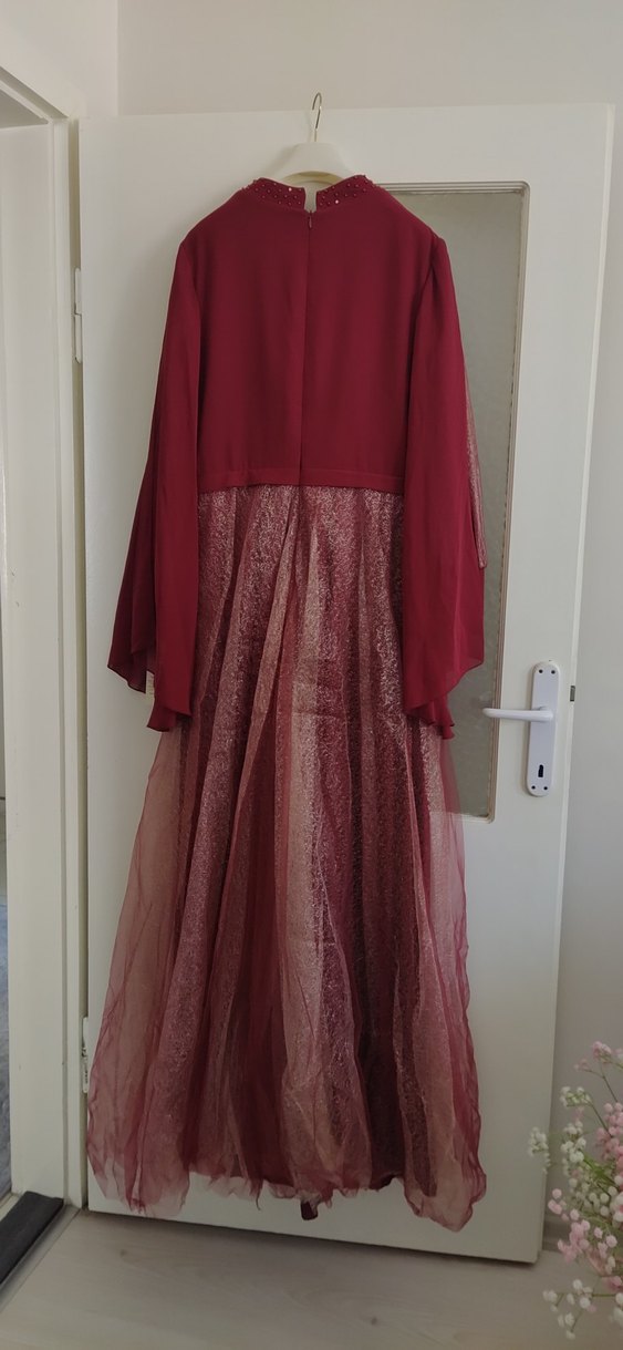 Bordo Uzun Kollu İşlemeli Kadın Abiye Elbise - Görsel 3