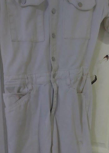 s Beden Beyaz Kemerli Kadın Keten Tulum
