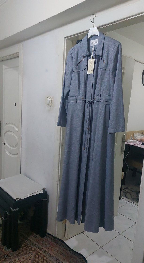 Gri Kemerli Uzun Keten Kadın Kaban Sıfırdır - Görsel 3