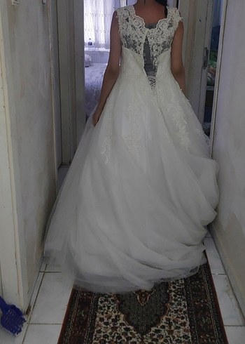 Straplez Midi A Kesim Beyaz Dantel Gelinlik - Görsel 2