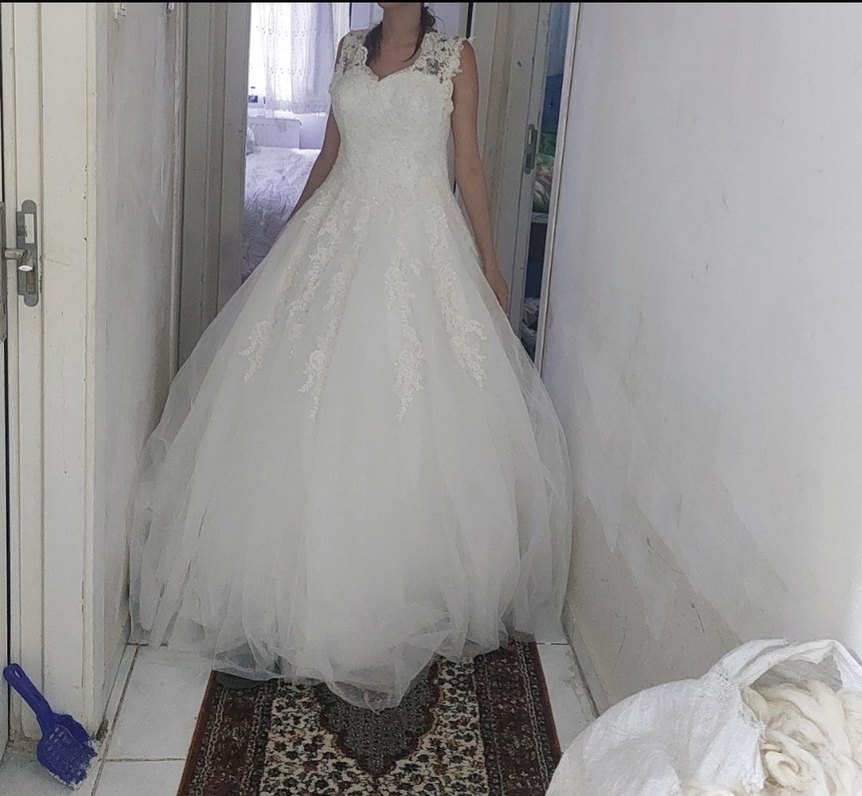 Straplez Midi A Kesim Beyaz Dantel Gelinlik - Görsel 3