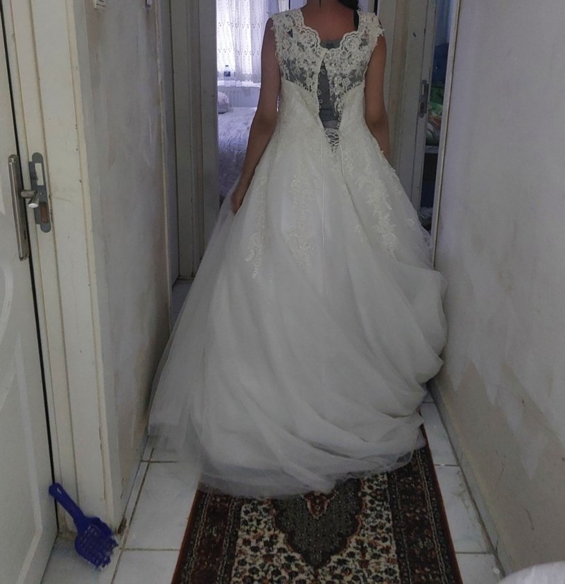 Straplez Midi A Kesim Beyaz Dantel Gelinlik - Görsel 2