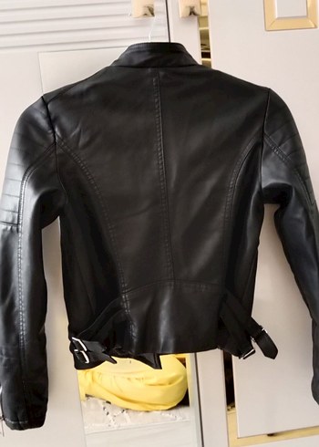 Siyah Deri Biker Ceket Kadın Mini - Görsel 3