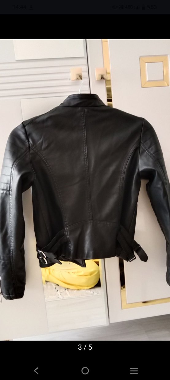 Siyah Deri Biker Ceket Kadın Mini - Görsel 3